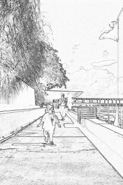 Black and white line drawing of children playing in the school playground in the style of a sketch. High resolution with simple lines on a white background. The background includes bleachers, trees and a wooden walkway. One child is running towards the camera while another girl is walking on the wooden walkway. The perspective is from ground level looking up at the sky. The environment is bright and cheerful with clear skies and sunlight casting shadows over the scene. The children's  includes shorts or long pants and t-shirts, showcasing their joyful expressions as they play together.