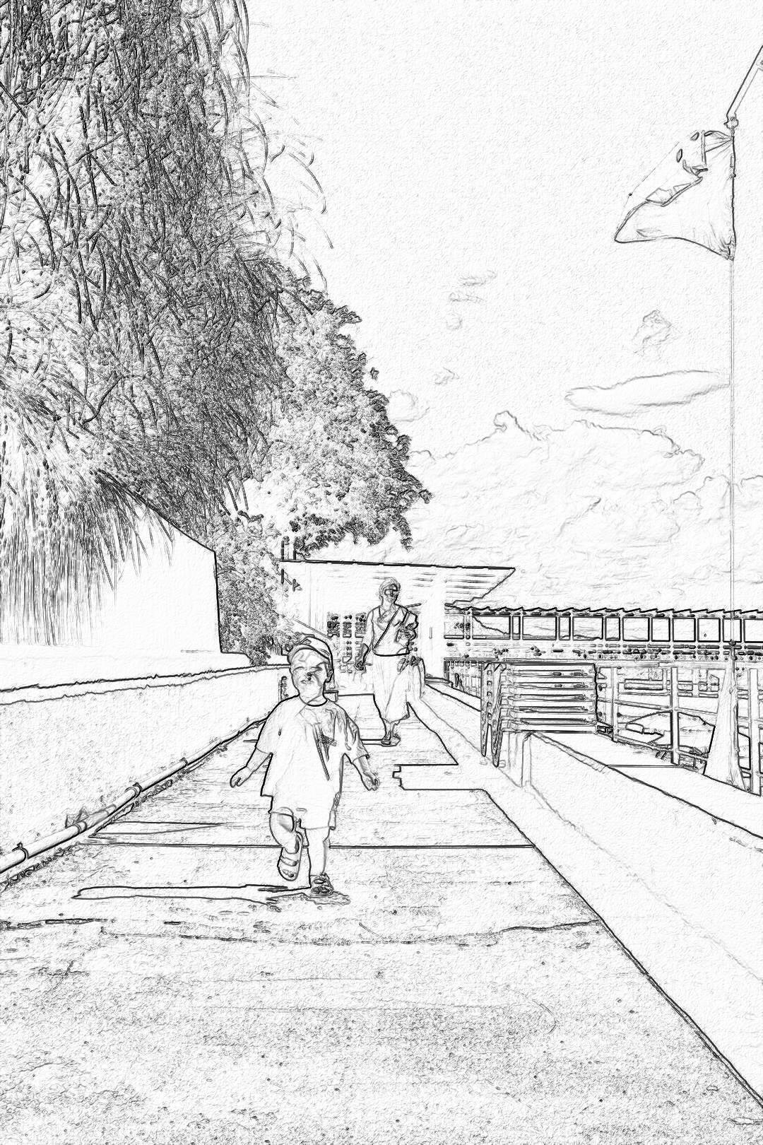 Black and white line drawing of children playing in the school playground in the style of a sketch. High resolution with simple lines on a white background. The background includes bleachers, trees and a wooden walkway. One child is running towards the camera while another girl is walking on the wooden walkway. The perspective is from ground level looking up at the sky. The environment is bright and cheerful with clear skies and sunlight casting shadows over the scene. The children’s  includes shorts or long pants and t-shirts, showcasing their joyful expressions as they play together.