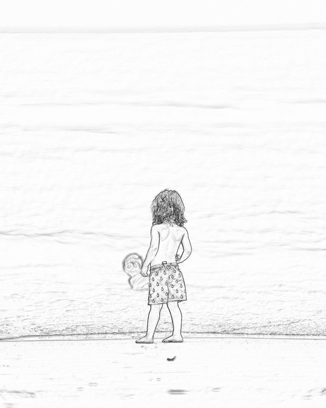 A little girl playing with her toy ball on the beach, full body drawing in the style of pencil, simple lines, black and white, white background, flat illustration, simple details, minimalism, clean picture