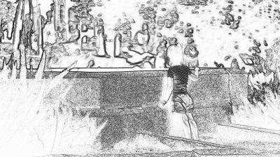 A child is playing on the playground in the style of a black and white pencil drawing. The sketchy lines and simple details create a hand drawn illustration with an abstract background. A wall of water splashes and ripples are in the foreground with a dynamic composition and depth of field. Cool tones and low contrast make the style minimalistic with a wide angle view.