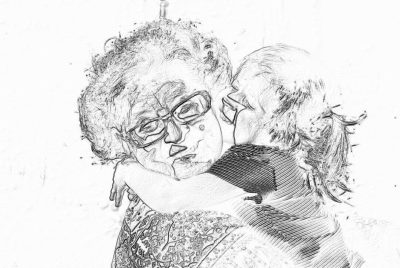 black and white pencil drawing of an old woman with glasses hugging her daughter, white background, white space around the figures