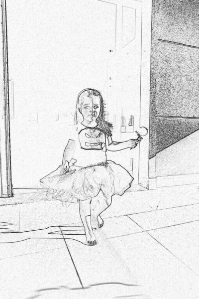 A little girl dressed as a ballerina, standing on her tiptoes and reaching out to press the doorbell of an apartment building in downtown Los Angeles. Black pencil sketch drawing. She is wearing a short tutu skirt with tights underneath and shoes. Her hair has been styled into pigtails. The background shows part of two closed doors, one white and another brown, as well as some walls. A handdrawn cartoon doodle of a blonde woman dancing inside the house with a balloon at the entrance door in the style of children's book illustration.