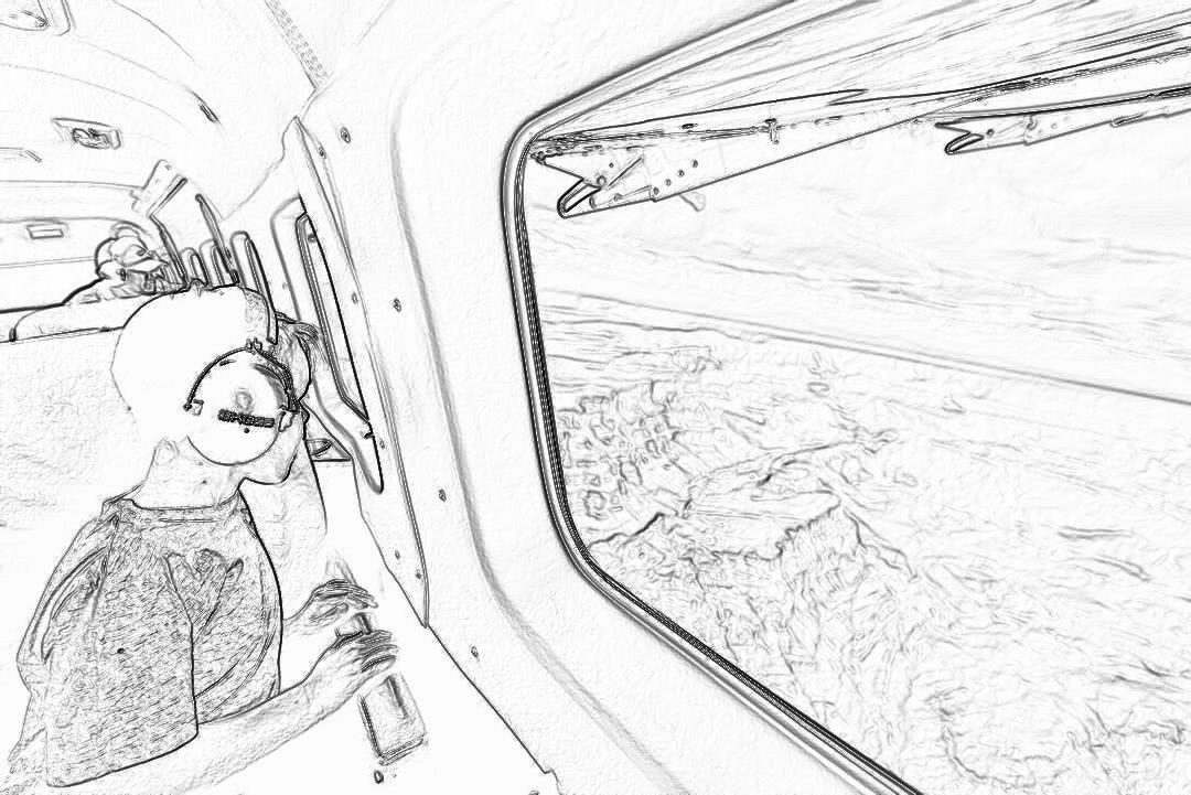 A black and white storyboard sketch of the interior shot from inside an airplane, showing two passengers sitting in their seats with head armour VR glasses on looking out at the world through the window, outside is seen over a desert landscape, sketched in the style of sparks drawing cartoonist illustration style.