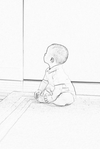 simple pencil sketch, side view of baby sitting on the floor playing with toy, wearing white shirt and pants, full body, black lines only, minimalistic background, simple, white background,