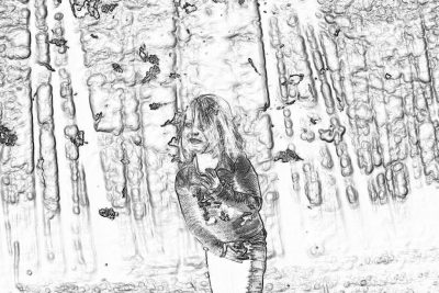 A simple black and white line drawing of an adult girl standing in front of a wall, with long hair hanging down, wearing jeans and holding her dog in one hand. The background depicts many water droplets floating on tree leaves. She looks at me happily through the lens in a high resolution style.