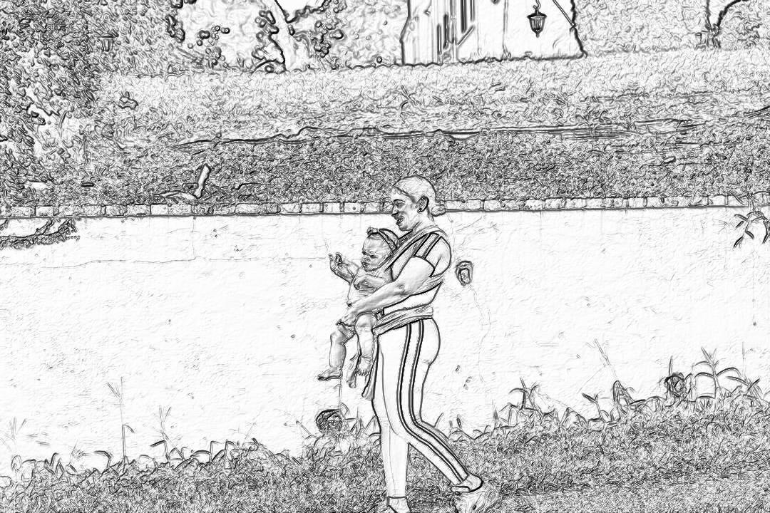 Black and white storyboard line rough sketch, simple pencil drawing of A father in athletic wear carrying his baby on the back while walking through an outdoor garden. The background is a large wall with horizontal lines for text