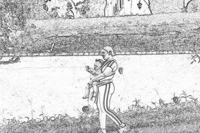 A father in his late thirties, wearing navy and white striped tracksuit carrying one year old baby girl dressed as the monkey from The Shining walking on lawn with low wall behind him, simple drawing style, pencil outlines only, no shading, background is suburban backyard daytime summer,