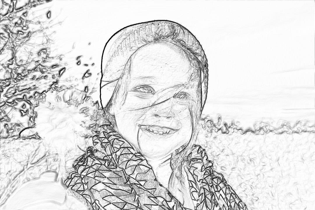 A black and white sketch of an elderly woman smiling, wearing a shawl. In the background is a field with trees. The simple line art is like a coloring book page for kids in the cartoon style with vector lines. It is a cute clean drawing with a white color background on white paper. The image is high resolution with high contrast and smooth edges and low details.