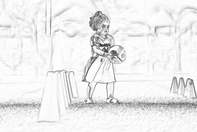 a little girl dressed in an NFL jersey playing with her football on the field, standing next to some small tents and tarps. She is holding one of them up high as if showing it off to someone else. The background features blurry images of buildings or architecture. Black pencil sketch drawing on white paper.