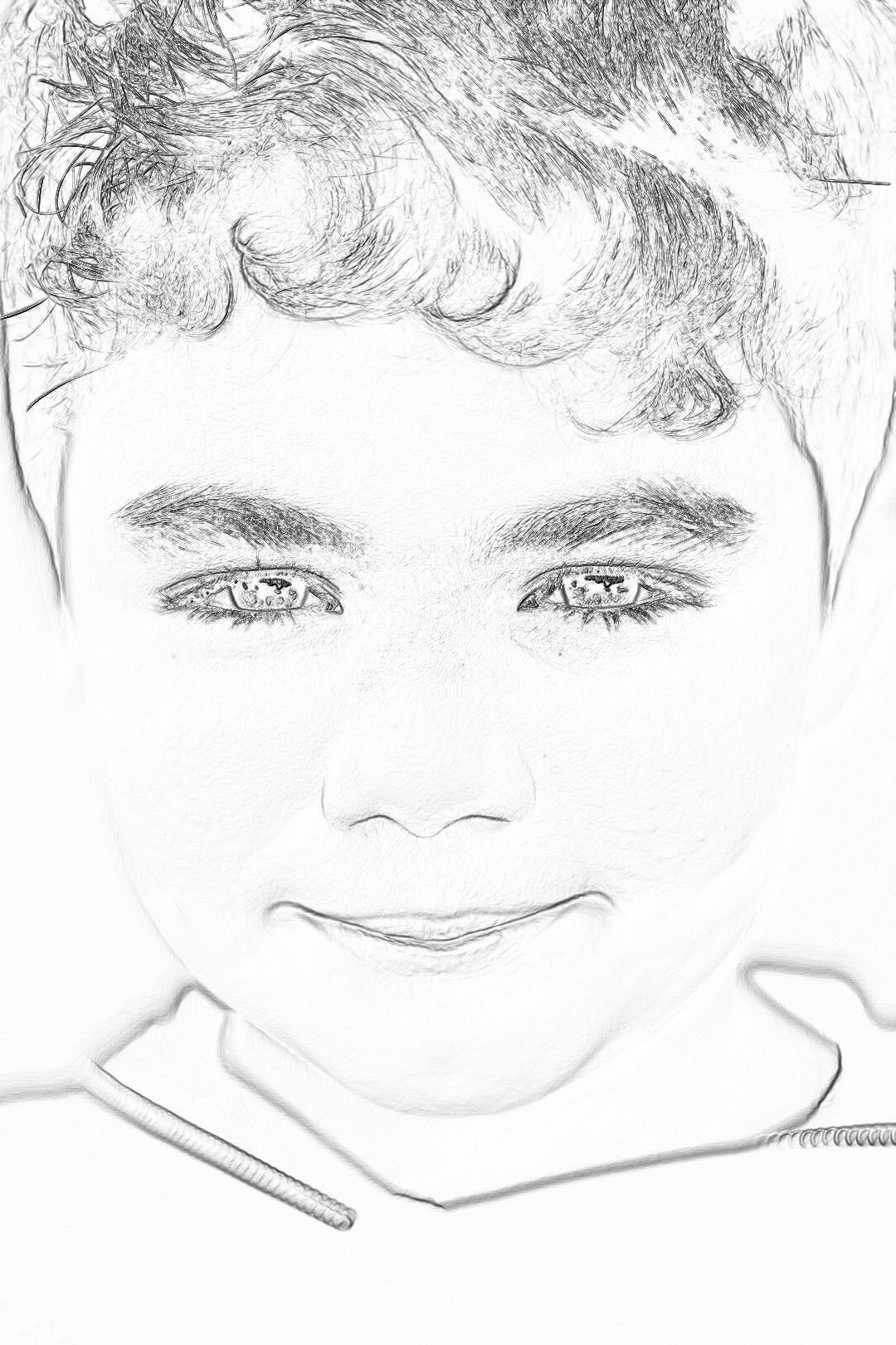 A simple black and white drawing of an adorable boy with short curly hair, smiling gently at the camera., bold lines, white background, no shading or texture, suitable for coloring pages for kids aged 24, thick outlines, close up portrait