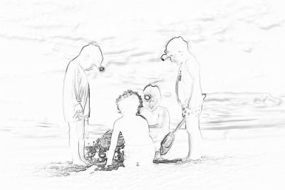 black and white line drawing of three children playing on the beach with their mother who is dressed in the style of an animal, she has her head in two small crabs that they have found at low tide. The scene takes place during summer break in Florida. It's a simple drawing.