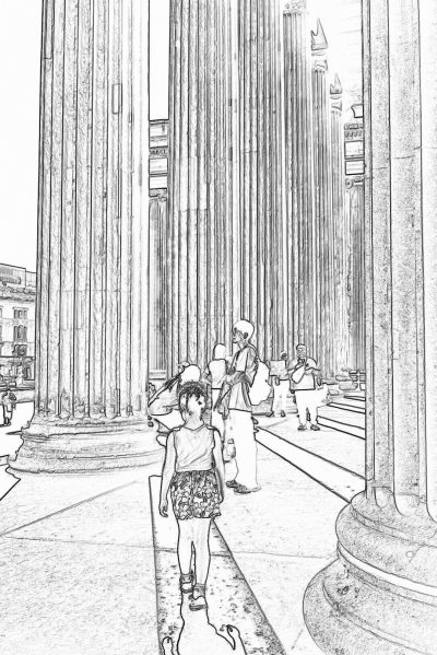 Black and white line drawing, cartoon style, little girl walking with her family in the Pantheon of ancient Rome. The scene is captured from behind as they approach one side of an entrance to which two tall columns stand on either end. There's an atmosphere filled with history, as people walk around them or past their path. In front of these pillars stands someone holding out his hand for high five with children