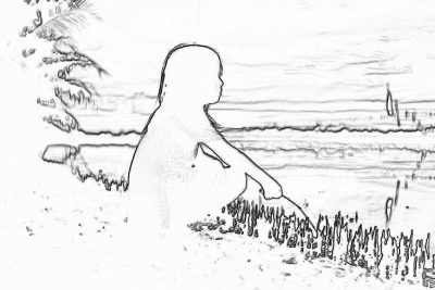 A girl sitting on the beach with her back to us, holding hands behind her back. The background is a white sandy shore and calm sea in a black and white line art illustration style. A small cat sits beside her. Black lines only, without shading or color. In a simple cartoon style, without details of light, shadow, texture, gradients, shadows, highlights, atmospheric effects, or intricate textures. High resolution but low in detail.