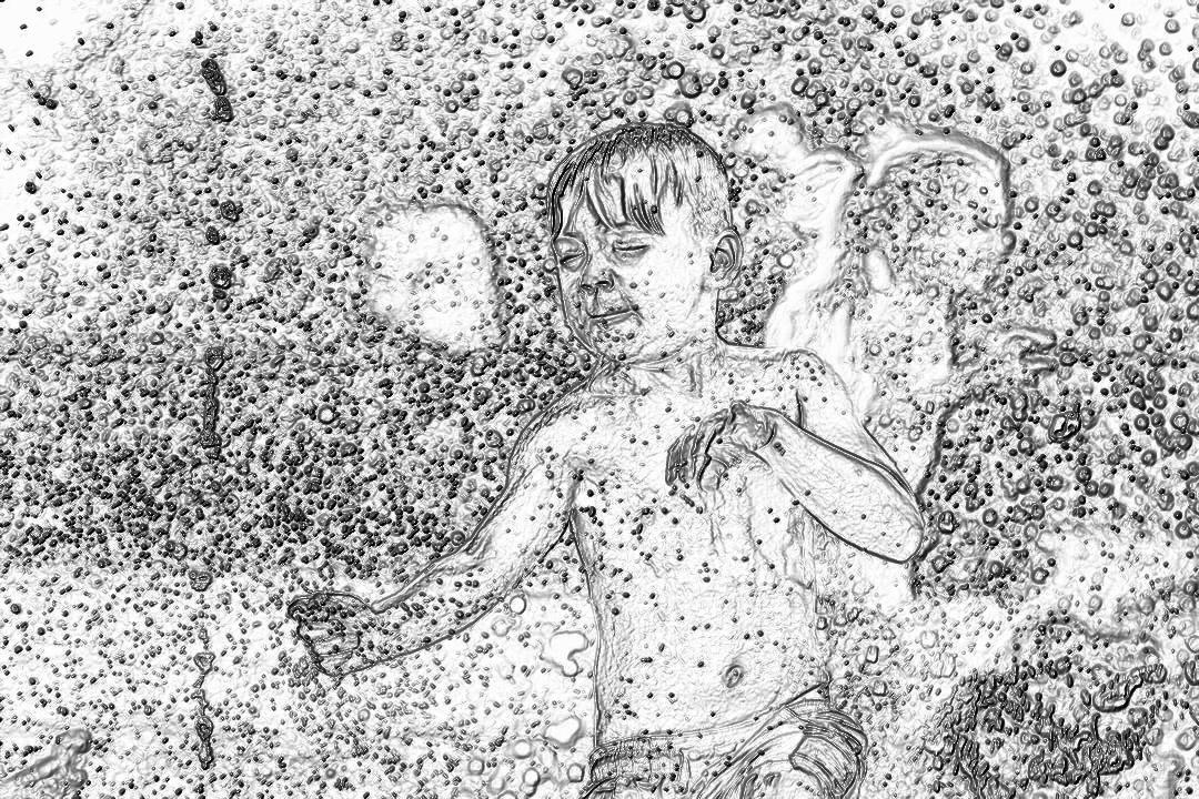 A boy is playing with water droplets on the beach, surrounded by small flowers and leaves. The drawing is in the style of James, made in pencil, has strong lines, black and white, and delicate texture. Black line sketching technique. High resolution.