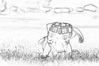 Black and white pencil sketch storyboard of fat baby wearing plaid shorts, crawling on the grass in an open field,