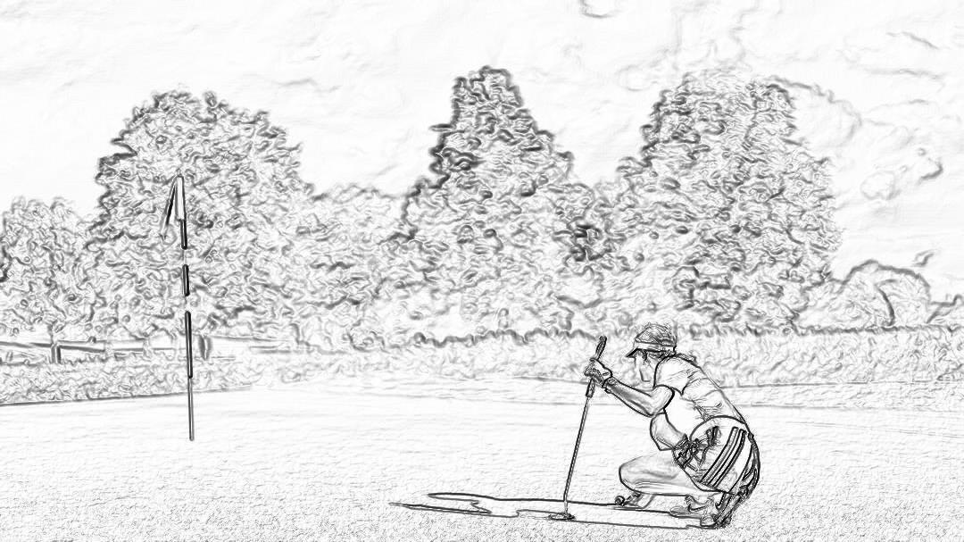 A sketched illustration shows an adult playing golf, kneeling on the ground with his club in hand and ready to hit a ball towards one or more flapping flags. The background is a simple drawing of trees and grassy fields. This scene captures a moment of focused play during the game of golf. It has thick black lines, minimal shading, and a pencil sketch effect. The colors used include shades of gray tones, white, green, blue, red, and yellow. There should be no shadows, text, or Chinese characters.