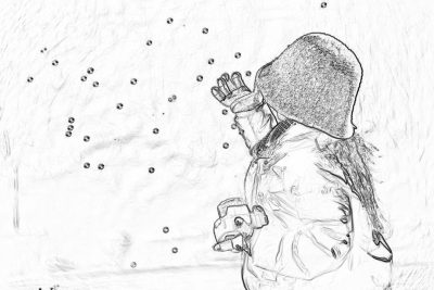 Black and white line drawing of snow, person blowing bubbles in the air, wearing thick down jacket and hat. The background is pure white, with small dots scattered on it.