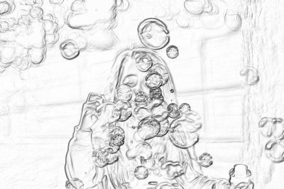 a pencil drawing of bubbles and water in the air around a woman, bathroom background, white paper, high contrast, low detail