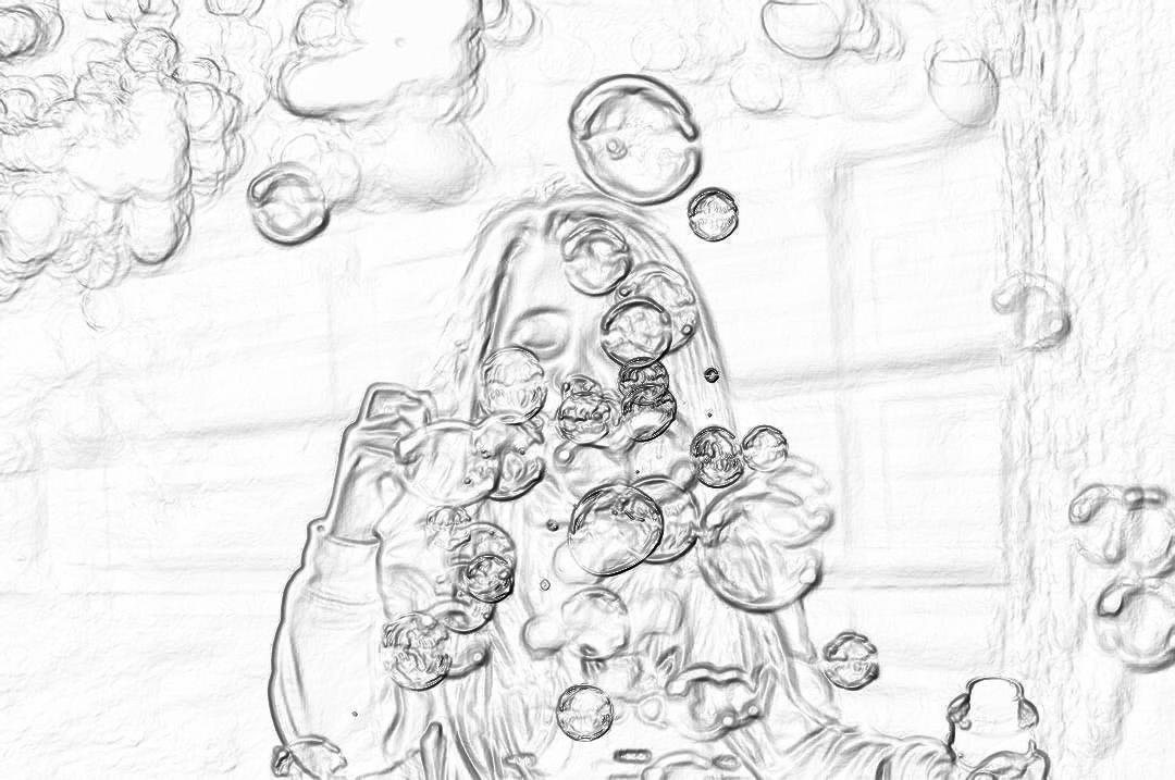 a pencil drawing of bubbles and water in the air around a woman, bathroom background, white paper, high contrast, low detail