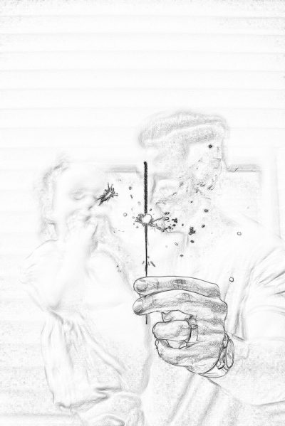 A pencil sketch of two people holding hands, one person is blowing out the wick on an old fashioned firework rocket with sparks flying off it, white background, simple, minimalist, high contrast, high resolution, sharp focus, depth of field