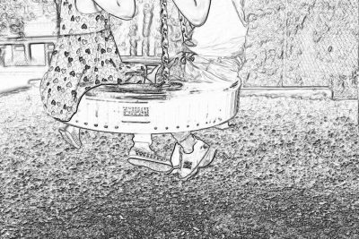 Black and white line drawing of two people sitting on the same swing, one wearing a cheetah print dress with hearts around it, another in plain jeans and Nike sneakers. The background is an empty playground, with gray grass underfoot. One person's legs hang down from behind the seat of the swing. It should have clear lines for coloring, without any shadows or shading to highlight details. No text should be present. There must not be watercolor elements. The drawing should be done in the style of minimal line work with an empty background.