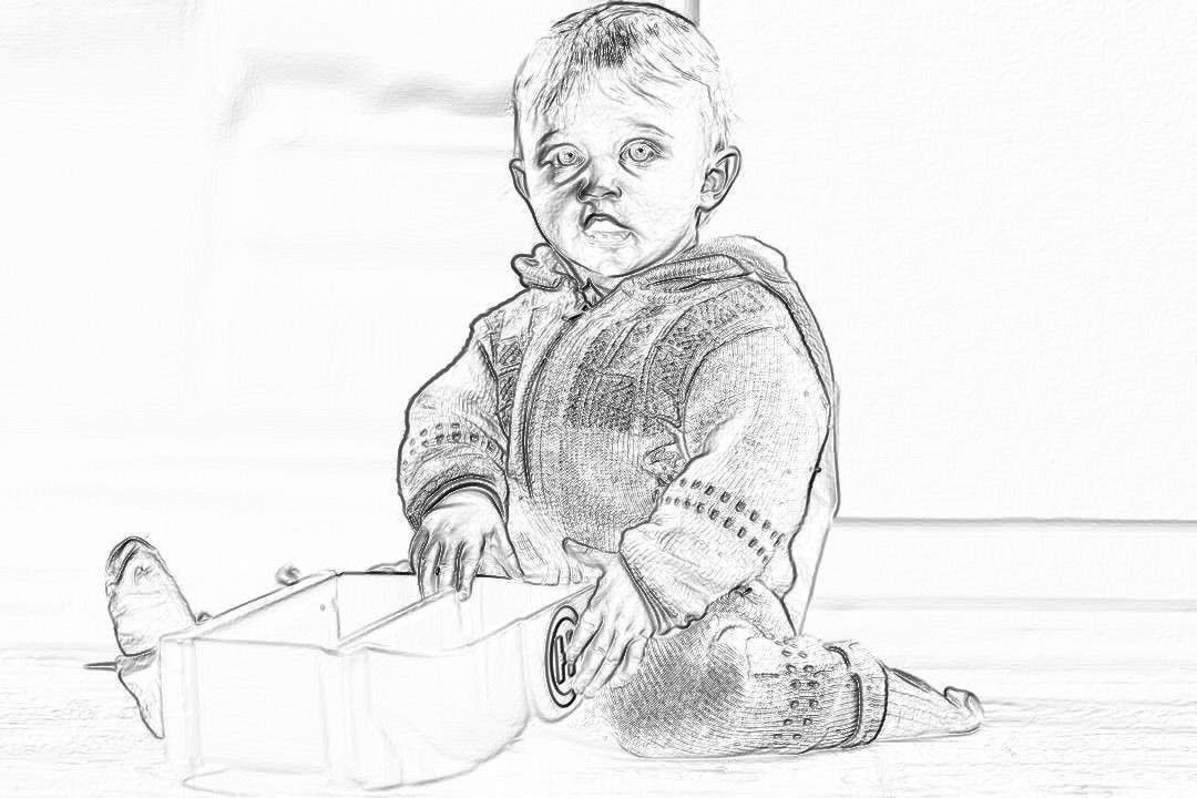 A baby playing with an open box, in the style of pencil sketch.