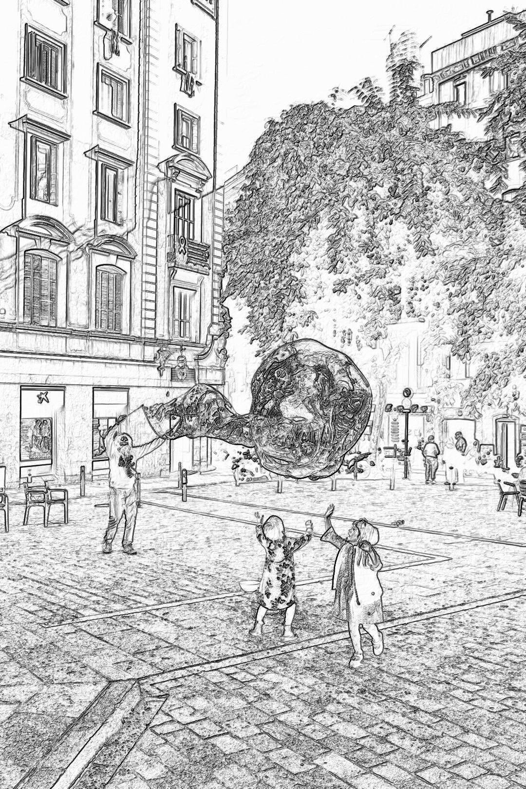 Pencil drawing sketch of children playing with giant soap bubbles in the center square, Rome, Italy. In background there is an art gallery and trees. The atmosphere should be joyful and whimsical.