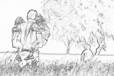 A black and white pencil sketch in the style of a storyboard of a man carrying his wife on his back with her head resting between two children's shoulders, walking through a grassy field. In the background is a tree. With no detailed shading or color, just lines.