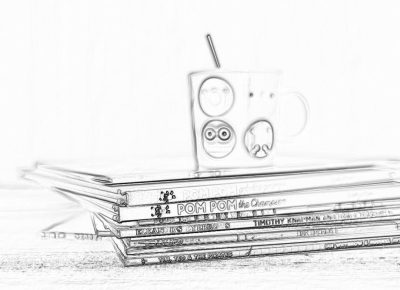 Black and white pencil sketch of a stack of magazines with "POM P trademarks. In the background is an oversized coffee mug with two smiley faces on it sitting next to the stack of books on a light wooden table. A simple, minimalistic black ink drawing with high contrast, low detail on a white background and no shadows or shadowing, clean lines in the style of vector art. The style is 2D flat design with high resolution, no shading, no color washes and sharp focus in a professional photography style.