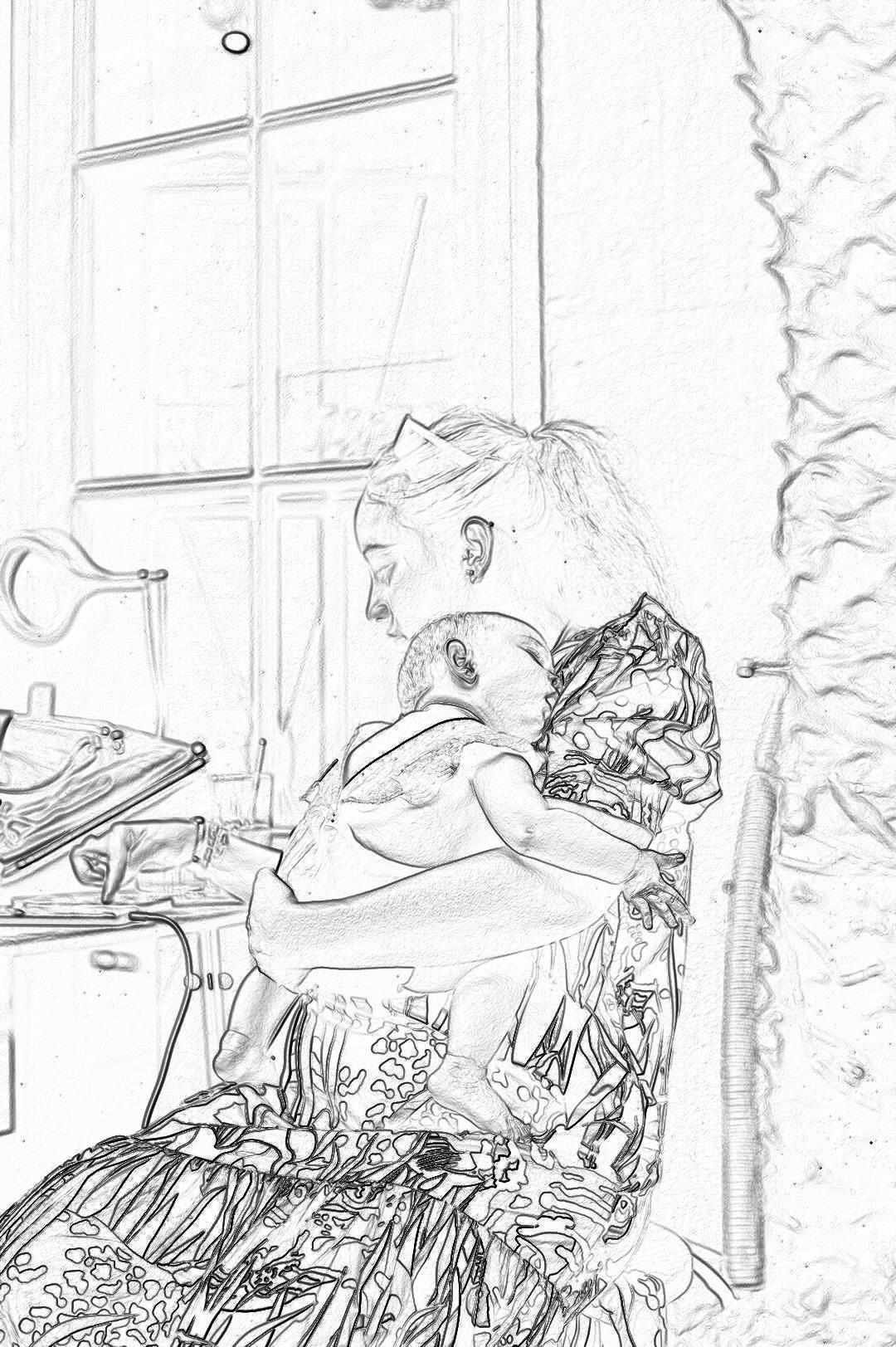 black and white line art illustration of an old lady in floral dress hugging her grand son on the lap, she is sitting at his desk by jServicez , trending digital drawing, ink pen sketching, vintage style, white background, low detail, full body shot