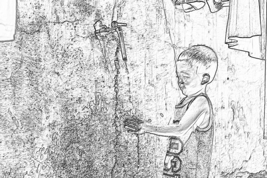 Black and white line drawing of an Asian boy washing his hands with water in the street, full body shot, closeup, background wall with rough texture