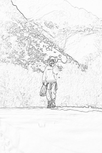 A simple sketch of an adult standing on the street, wearing snow pants and holding ski poles in his hand, facing forward with a snowy mountain wall behind him. The background is a pure white paperlike texture. He has no facial features or  details. There's a large tree covered by heavy snowflakes hanging from it. It was drawn with pencil lines, and there were no shadows.,,in