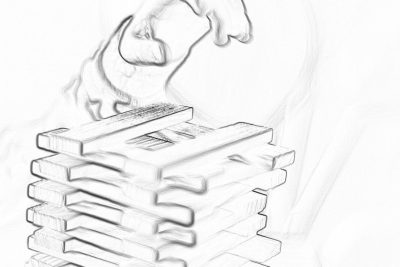 A hand is reaching for the top of Jenga blocks, in a storyboard sketch style pencil drawing against a white background with high detail and low contrast shown through simple black and gray lines in a minimalistic and conceptual style in the of Michael Bayne.