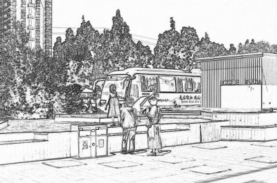 A black and white line drawing depicts two young adults standing in front of an outdoor ice cream truck next to large concrete benches on the streets of Hong Kong, surrounded by trees and buildings. They have their backs turned as they get ice creams from a small kitchen screen attached to one side. The scene is captured with a wide angle perspective that highlights details like tree branches, sky, sunlight and shadows. In the background, another person can also be seen sitting nearby. The drawing is rendered in the style of a streetwear artist.