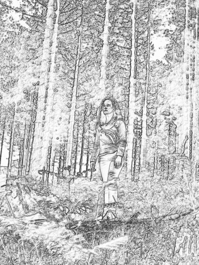 coloring page, black and white line art illustration of woman hiking in the forest, low detail, no shading, by [James Bama](https://goo.gl/search?artist%20James%20Bama)