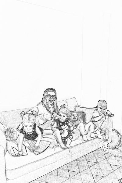 A drawing of an adult woman with long hair and glasses sitting on the sofa, smiling while playing in different poses with her sixyearold children who sit around each other on it. The room is white walls, light floor tiles, grey carpet. Black ink pen sketch. No background. In cartoon style. Full body portrait. by Erol Otis [Junji Ito](https://goo.gl/search?artist%20Junji%20Ito) [Keith Parkinson](https://goo.gl/search?artist%20Keith%20Parkinson), simple pencil strokes