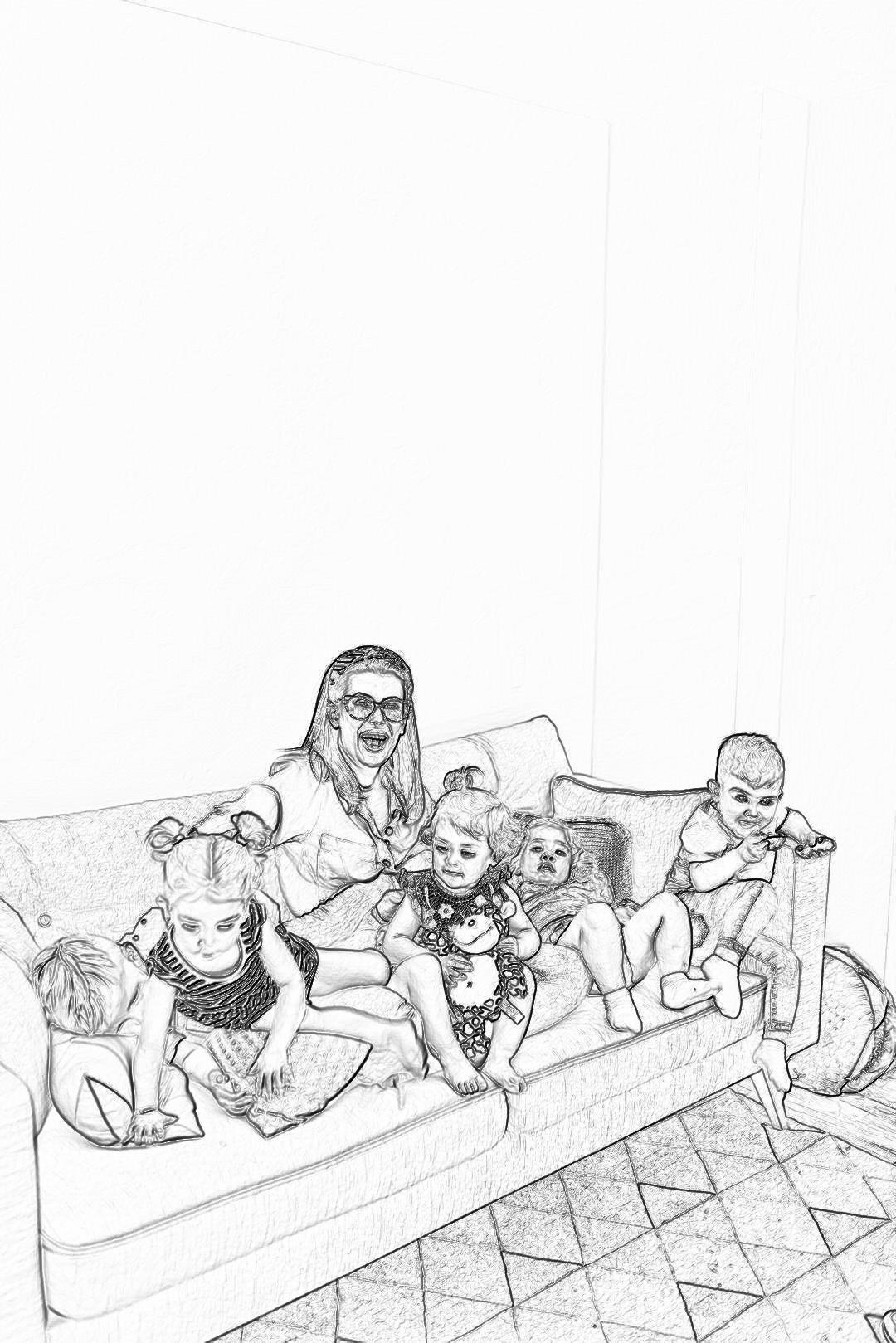 A drawing of an adult woman with long hair and glasses sitting on the sofa, smiling while playing in different poses with her sixyearold children who sit around each other on it. The room is white walls, light floor tiles, grey carpet. Black ink pen sketch. No background. In cartoon style. Full body portrait. by Erol Otis [Junji Ito](https://goo.gl/search?artist%20Junji%20Ito) [Keith Parkinson](https://goo.gl/search?artist%20Keith%20Parkinson), simple pencil strokes