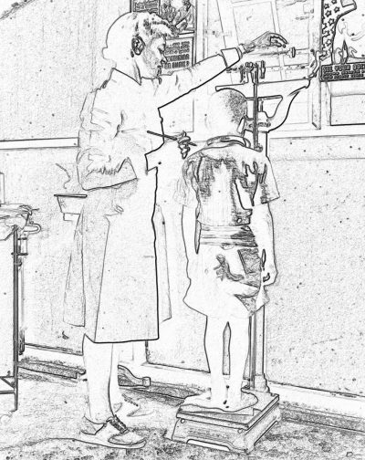 A nurse is using an oldfashioned towel to folding the back of someone's shorts, while they stand on a vintage scale in front of her., coloring page for girls aged 8 plus, thick lines, black and white no shading, vivid color, full picture, close up on person getting their weight taken by female midwife with clip board hanging from wall nexto window