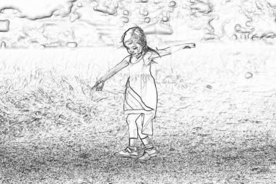 black and white storyboard drawing of a little girl playing in the park. She is wearing a dress and sneakers, with her arms outstretched to balance herself on one leg while turning around. The background is a blurry grassy field, with only rough sketch lines and low details, no shading. The drawing is simple with low detail.