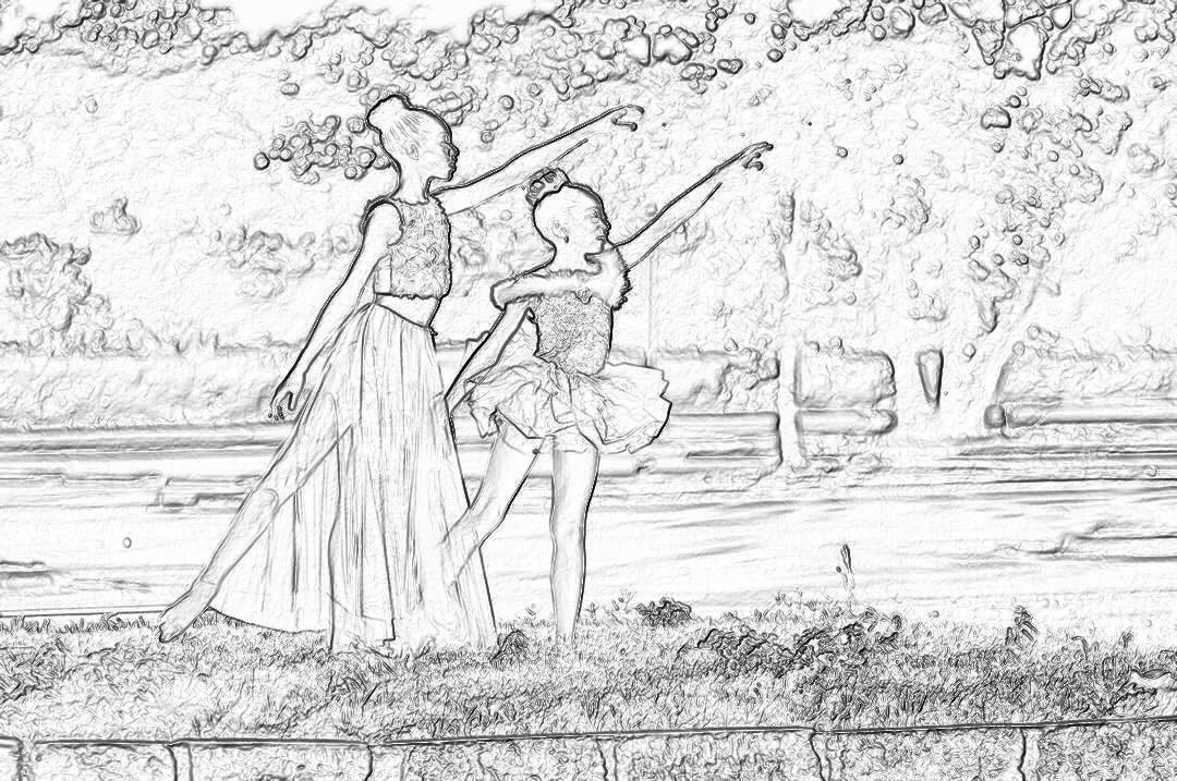 coloring page, line art drawing of two ballerinas dancing in the park near a lake, in black and white, with high resolution and clear lines.