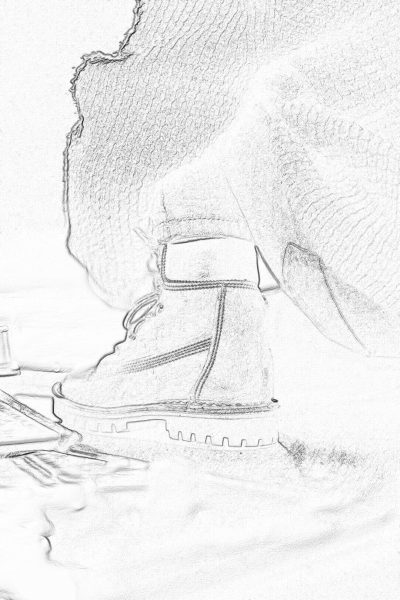 pencil drawing in the style of detailed comic art, children's coloring book, closeup of child wearing timberland boots on his feet, white background, soft shading, white and gray tones, subtle use of shadows, close up