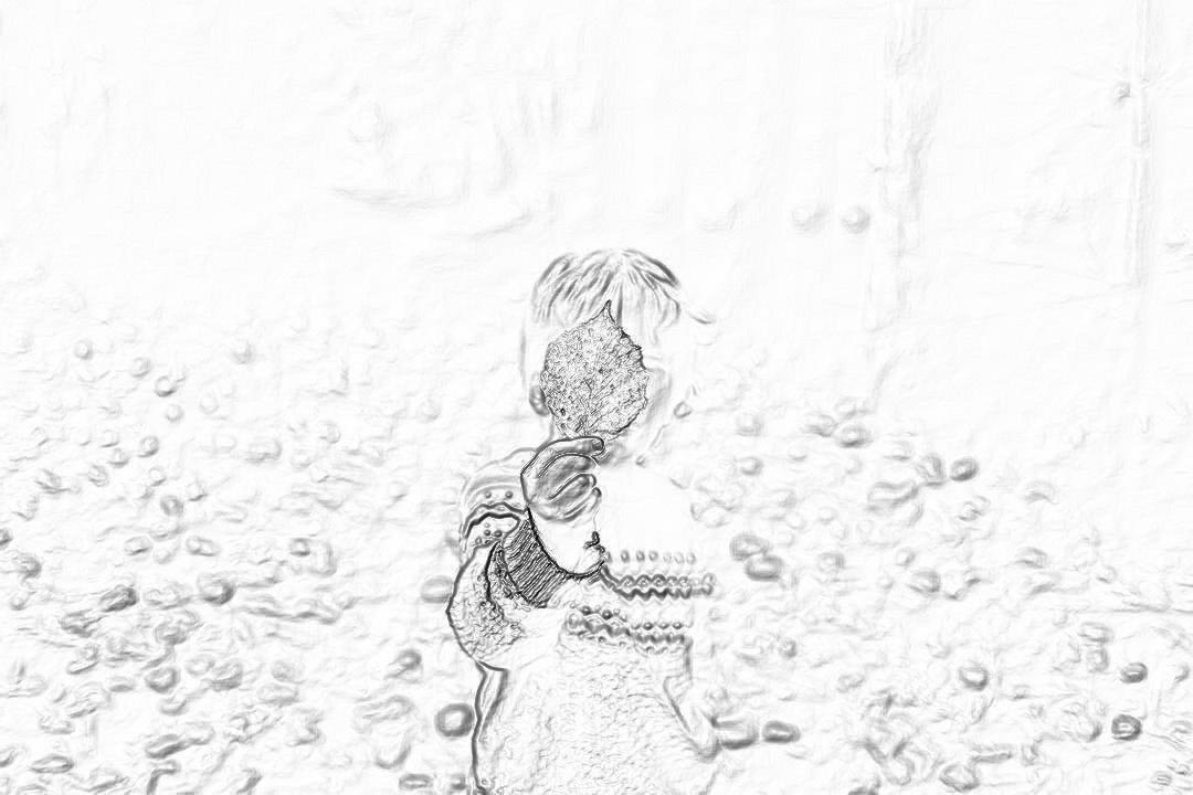 black and white line drawing of the back view of an adorable baby in cute sitting on top of her birthday cake, surrounded by bubbles. The background is a textured white wall with no other objects or people present. She has short hair that stands up straight at the shoulders and wears lightcolored . Her face radiates happiness as she smiles slightly while holding onto one side of the cake to keep from falling off it.