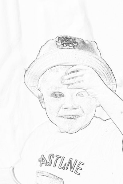 A simple, minimalistic sketch of an adorable baby boy wearing white tshirt and bucket hat smiling while holding his hand over one eye. The background is plain white with no shadows or highlights. There's bold text on the shirt that reads "PASTGLINE". Black lines only pencil drawing.