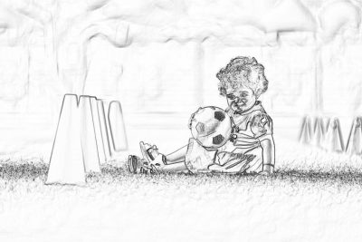 a rough pencil sketch of an old woman with curly hair playing soccer on the field, sitting next to small modern goal posts, holding and kissing her baby boy's head who is dressed in his football outfit, black & white, storyboard style, simple lines,