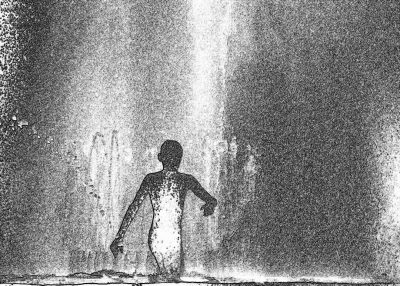 A boy standing under the waterfall, his back turned to us, is drawn in black ink on white paper, the drawing looks like it was made with an ultrafine pen and an extreme closeup camera angle, which gives him a mysterious appearance. The background of water splashes from above adds depth to the composition. in the style of [Zdzisław Beksiński](https://goo.gl/search?artist%20Zdzis%C5%82aw%20Beksi%C5%84ski).