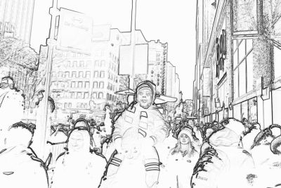 black and white drawing of the crowd at the event. A little boy dressed as Peter Pan riding on someone's shoulders through New York City, surrounded by skyscrapers in winter time, in the style of a children’s book illustration with bright colors, clean line art for coloring pages, very low detail, minimalistic sketchy style with thin lines and no shading, black contour outlines.