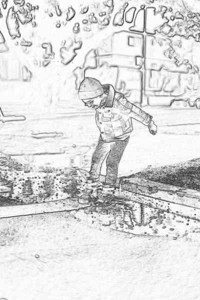 coloring page, low detail, no shading, line art drawing of child jumping in puddle on street