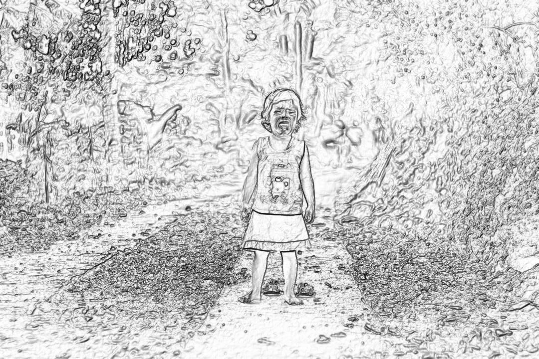 black and white line art sketch of little girl standing in the middle of forest path, angry expression on her face, full body shot, wide angle