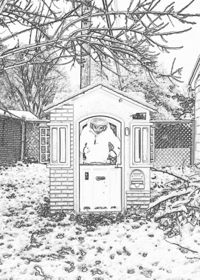 A simple black and white line art illustration of an old playhouse in the backyard with snow on ground, wearing winter standing at door, simple lines, suitable for coloring pages by children aged from one to three years old. The background is simple without any elements that couldад璈(felang Estrada low angle shot, shot taken using Canon EOS R6 Mark II camera , high resolution, intricate details, wide lens