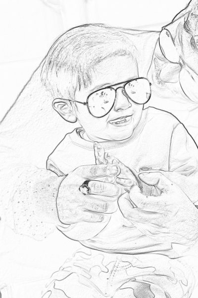 A cute little boy wearing glasses is sitting on the couch, holding an ice cream in his hand and smiling happily at it while watching TV. The background of the drawing paper shows part of another person's body lying down with their head resting on her lap. sketchdrawings, line drawings, pencil drawings, low detail,,in